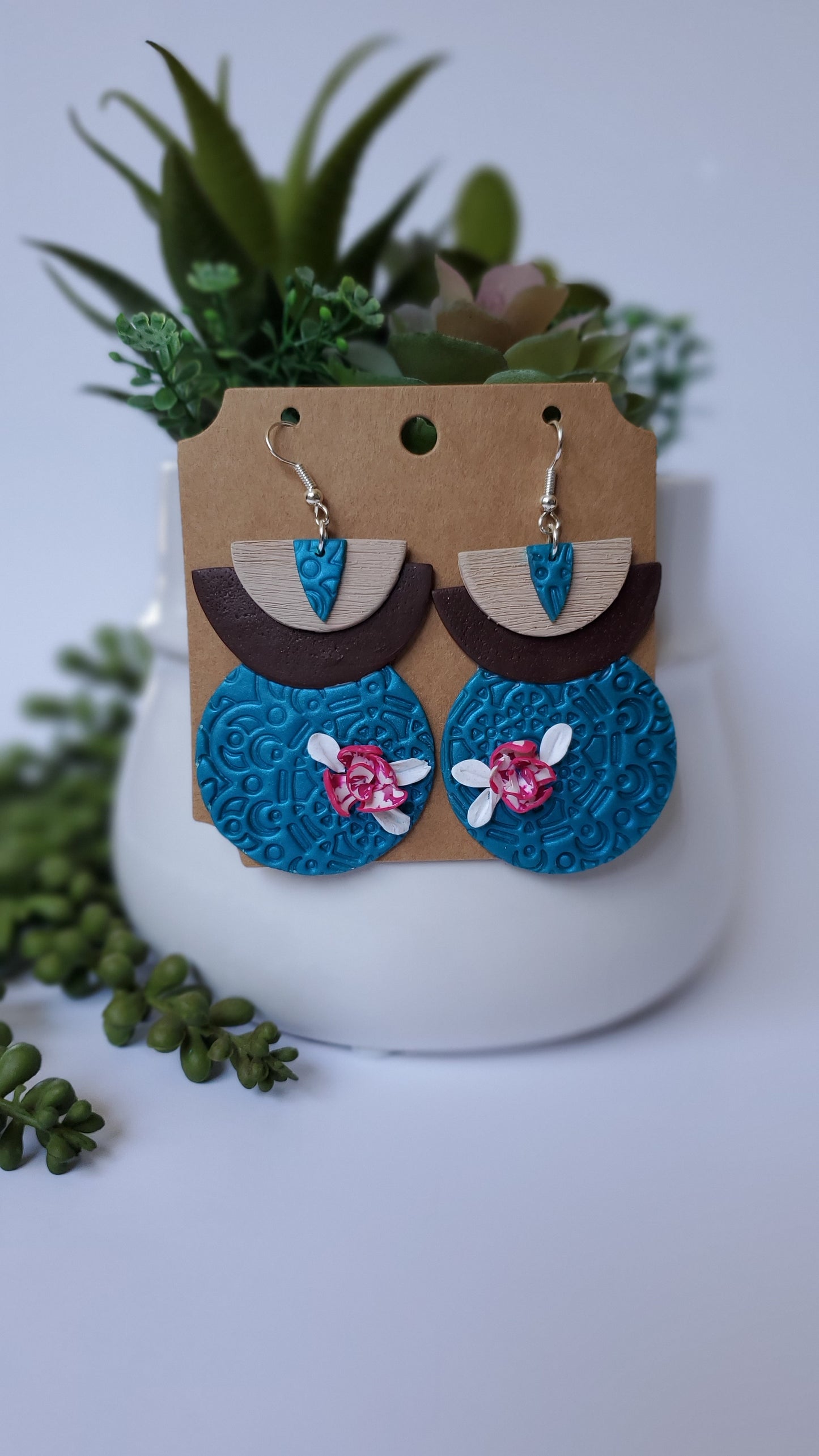Teal Floral Embossed Polymer Clay Earrings – Handcrafted Boho Statement Jewelry | Lightweight & Hypoallergenic