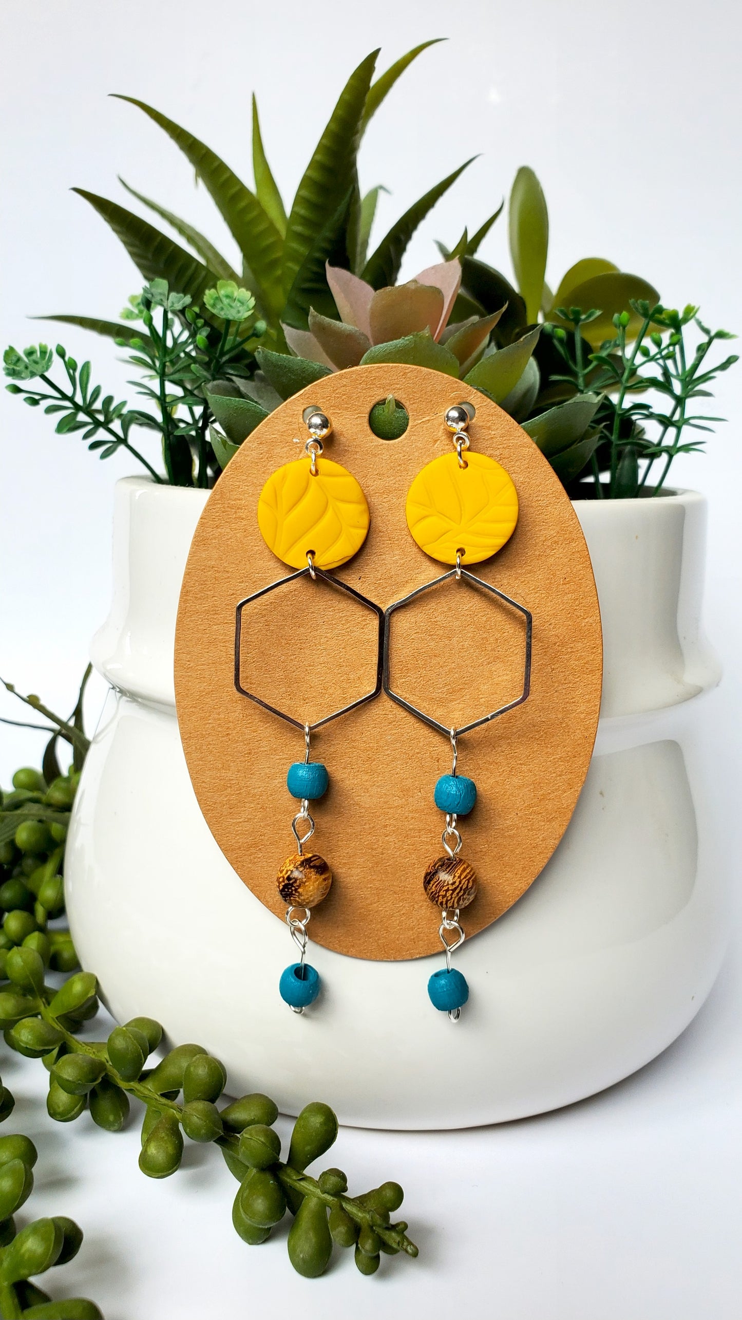 Mustard Leaf-Textured Polymer Clay Earrings with Hexagon Frame & Teal Beads – Handcrafted Boho Statement Jewelry | Lightweight & Hypoallergenic