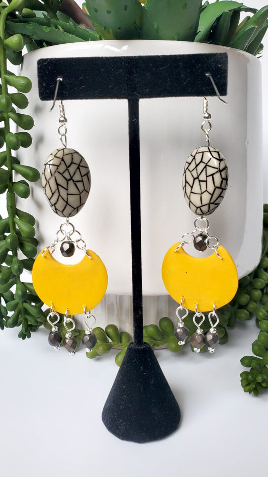 Mosaic Bead & Mustard Floral Drop Earrings – Handcrafted Polymer Clay Statement Jewelry with Black Crystal Dangles |