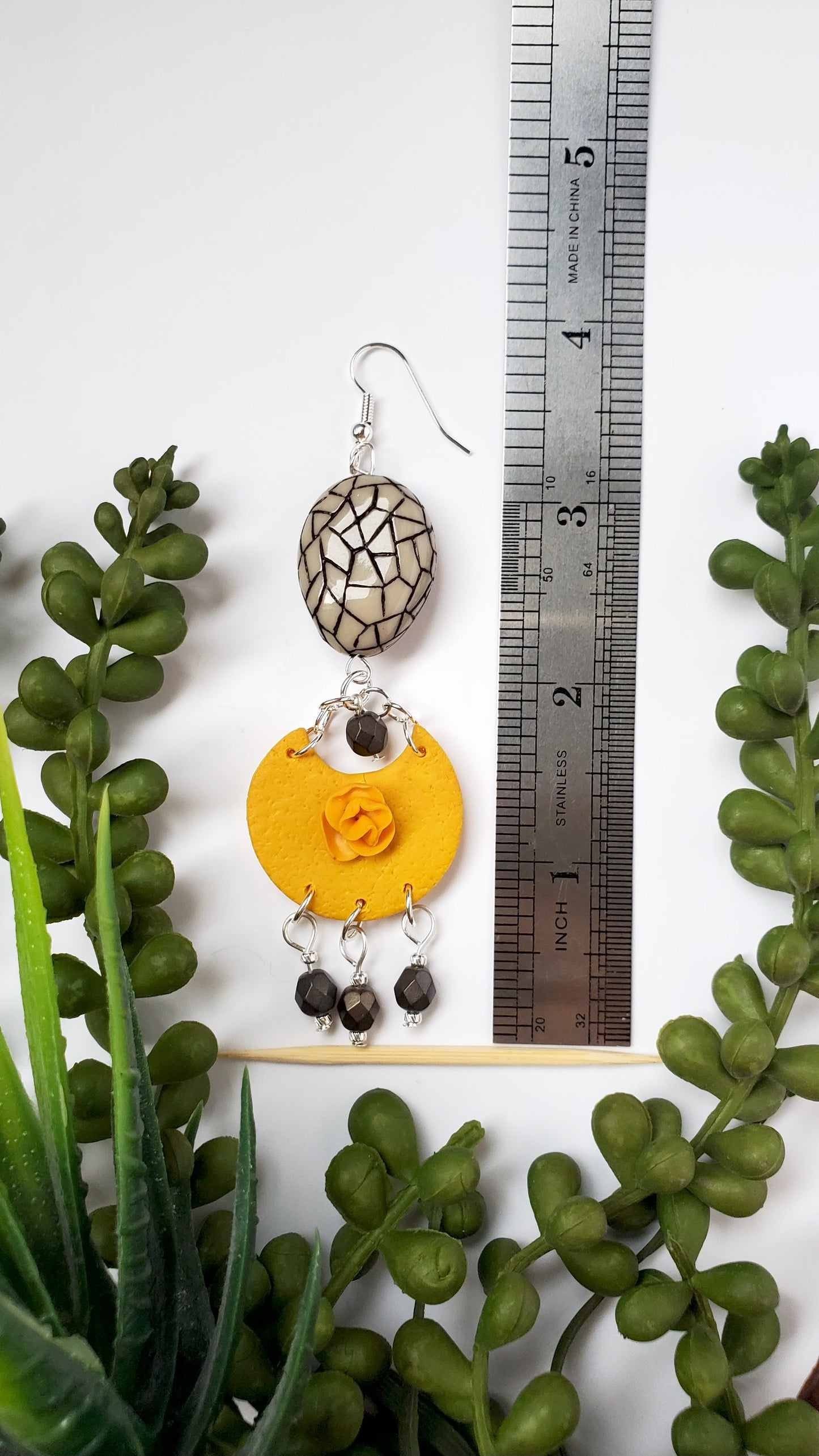 Mosaic Bead & Mustard Floral Drop Earrings – Handcrafted Polymer Clay Statement Jewelry with Black Crystal Dangles |