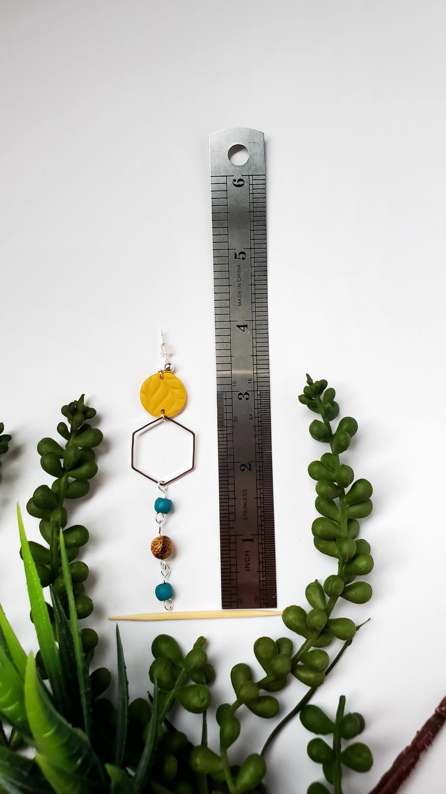 Mustard Leaf-Textured Polymer Clay Earrings with Hexagon Frame & Teal Beads – Handcrafted Boho Statement Jewelry | Lightweight & Hypoallergenic