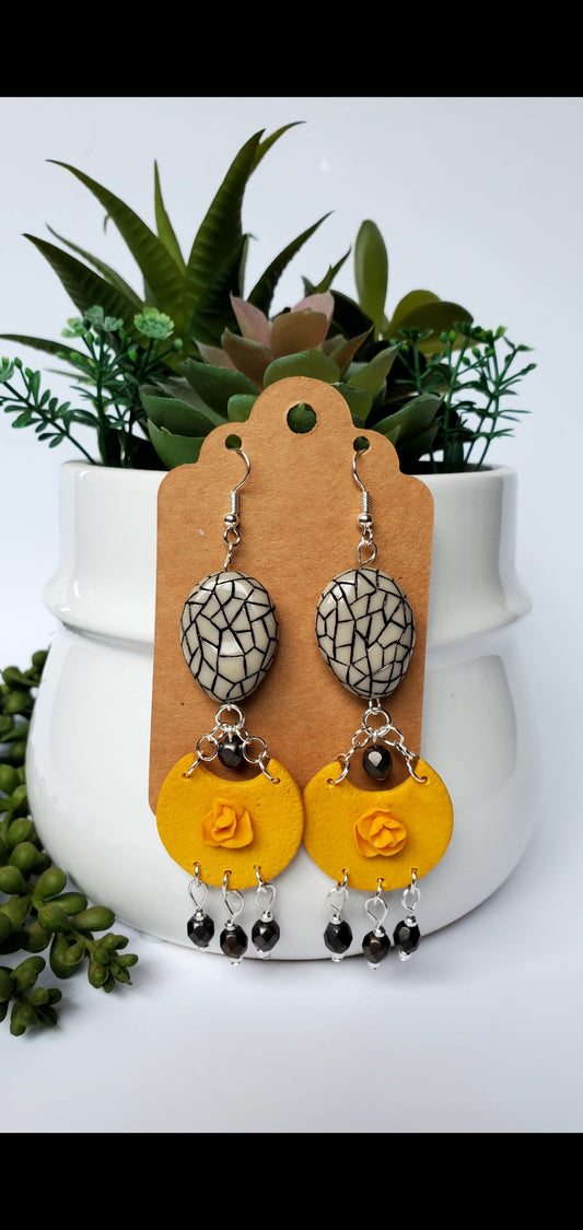 Mosaic Bead & Mustard Floral Drop Earrings – Handcrafted Polymer Clay Statement Jewelry with Black Crystal Dangles |